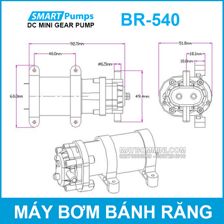 Kich Thuoc May Bom Banh Rang 12v 15w 2l DP 540 Smartpumps