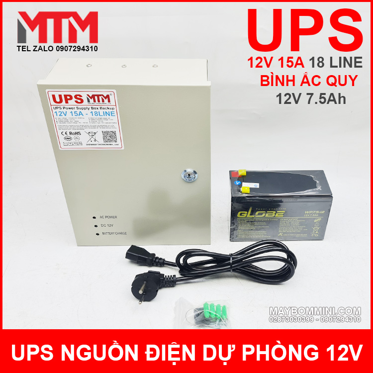 Box Nguon Dien Du Phong UPS 12V 15A 18 Line Ac Quy 12V 7.5ah